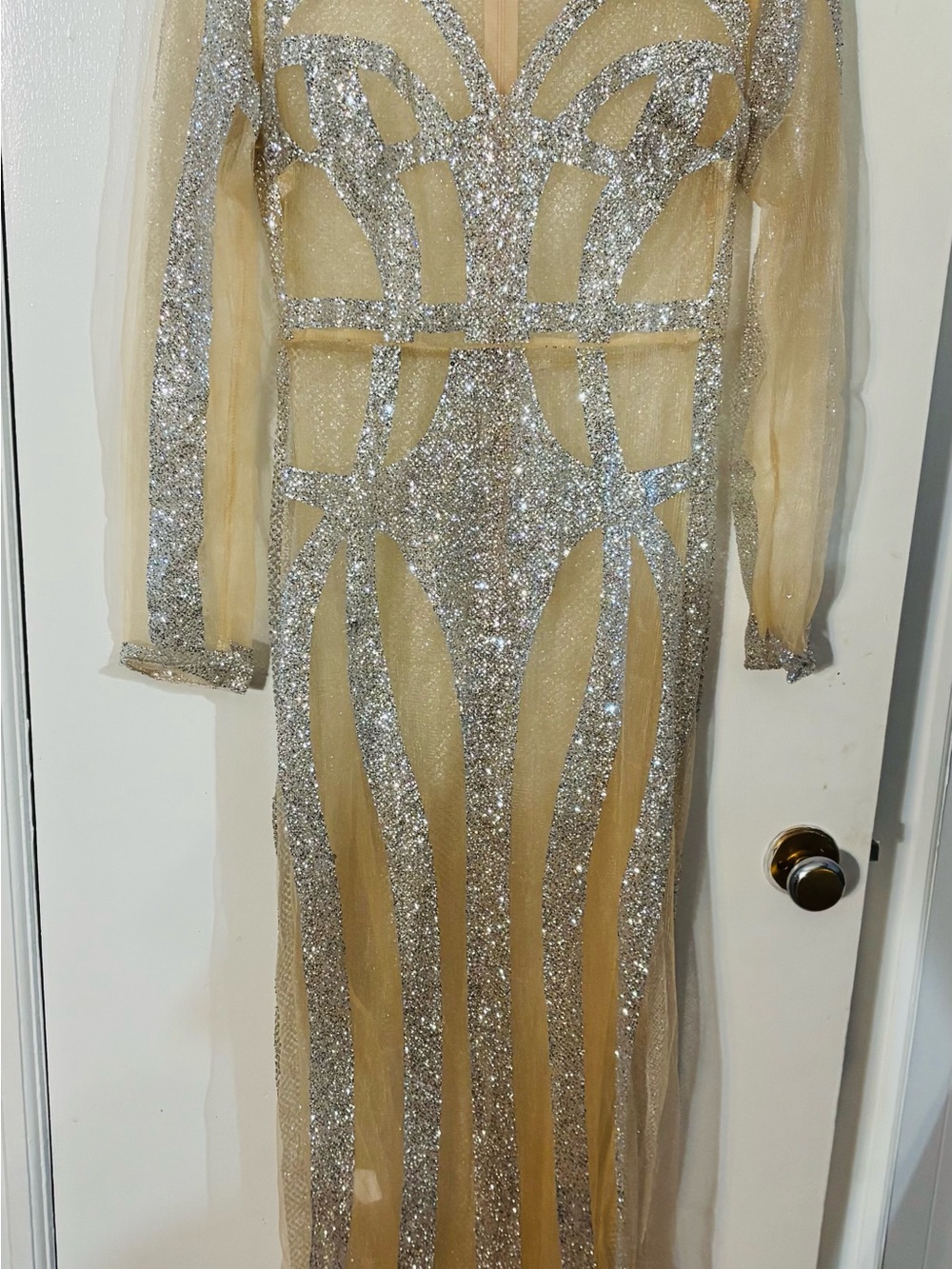 Silver Sequin & Nude Mesh Long Sleeve Gown.